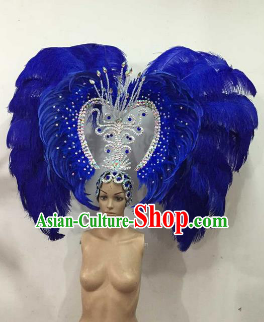 Top Grade Brazilian Rio Carnival Samba Dance Blue Feather Big Hair Accessories Deluxe Headpiece, Halloween Parade Giant Headwear for Women