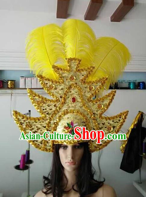 Top Grade Brazilian Rio Carnival Samba Dance Yellow Hair Accessories Headpiece, Halloween Parade Headwear for Women