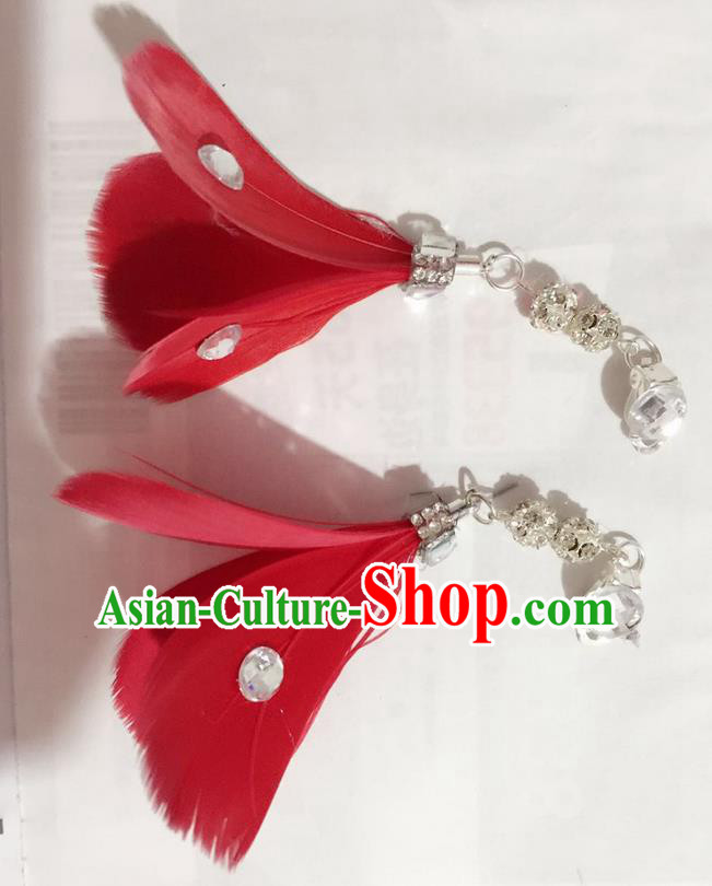 Top Grade Brazilian Rio Carnival Samba Dance Accessories Earrings, Halloween Parade Red Feather Eardrop for Women