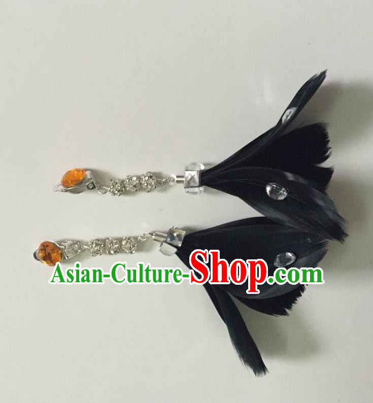 Top Grade Brazilian Rio Carnival Samba Dance Accessories Earrings, Halloween Parade Black Feather Eardrop for Women