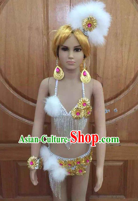 Top Grade Professional Performance Catwalks Costume White Swimsuit, Traditional Brazilian Rio Carnival Samba Dance Bikini Clothing for Kids