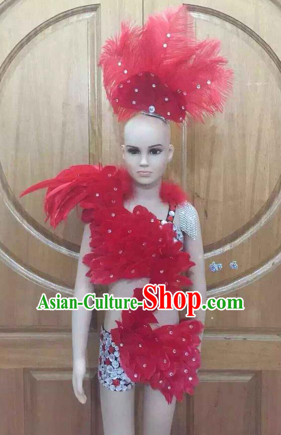 Top Grade Professional Performance Catwalks Costume Red Swimsuit and Headwear, Traditional Brazilian Rio Carnival Samba Dance Bikini Clothing for Kids