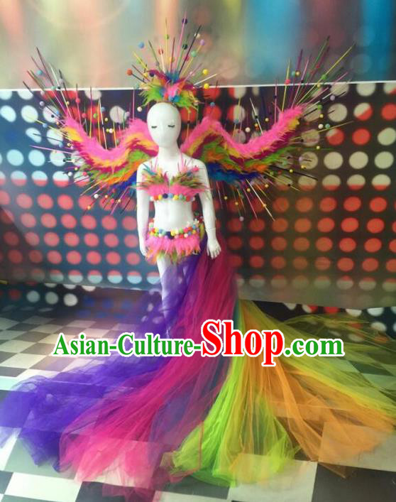 Top Grade Professional Performance Catwalks Costume Swimsuit and Headwear, Traditional Brazilian Rio Carnival Samba Dance Bikini Clothing with Wings for Kids