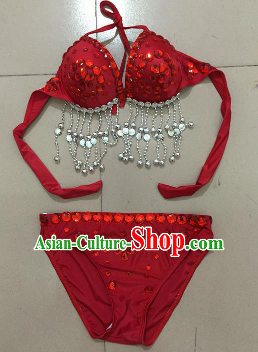 Top Grade Professional Performance Catwalks Costume Red Swimsuit, Traditional Brazilian Rio Carnival Samba Belly Dance Bikini Clothing for Kids