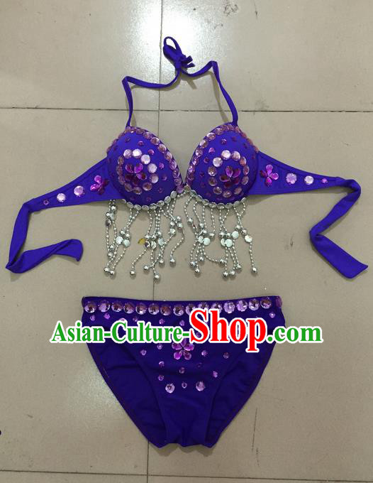 Top Grade Professional Performance Catwalks Costume Purple Swimsuit, Traditional Brazilian Rio Carnival Samba Belly Dance Bikini Clothing for Kids