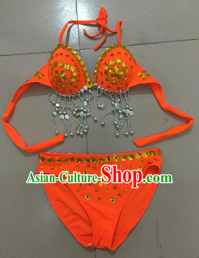 Top Grade Professional Performance Catwalks Costume Orange Swimsuit, Traditional Brazilian Rio Carnival Samba Belly Dance Bikini Clothing for Kids