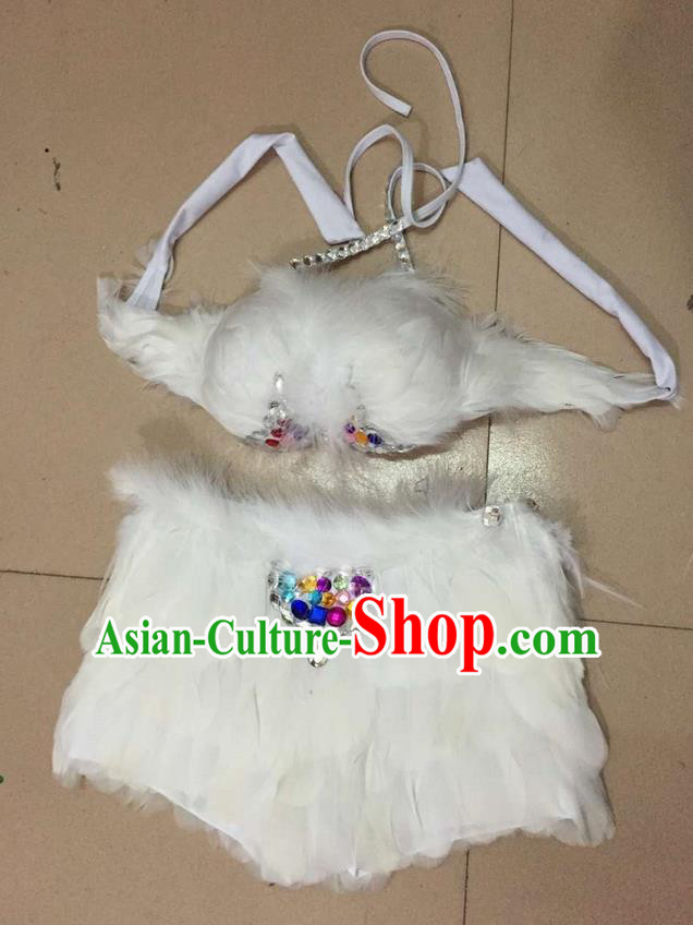 Top Grade Professional Performance Catwalks Costume White Feather Bikini, Traditional Brazilian Rio Carnival Samba Dance Modern Fancywork Swimsuit for Women