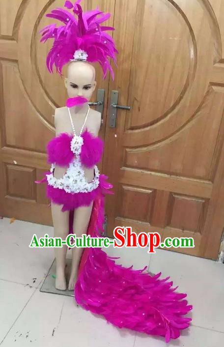 Top Grade Professional Performance Catwalks Costume Rosy Feather Bikini, Traditional Brazilian Rio Carnival Samba Dance Clothing and Headwear for Kids