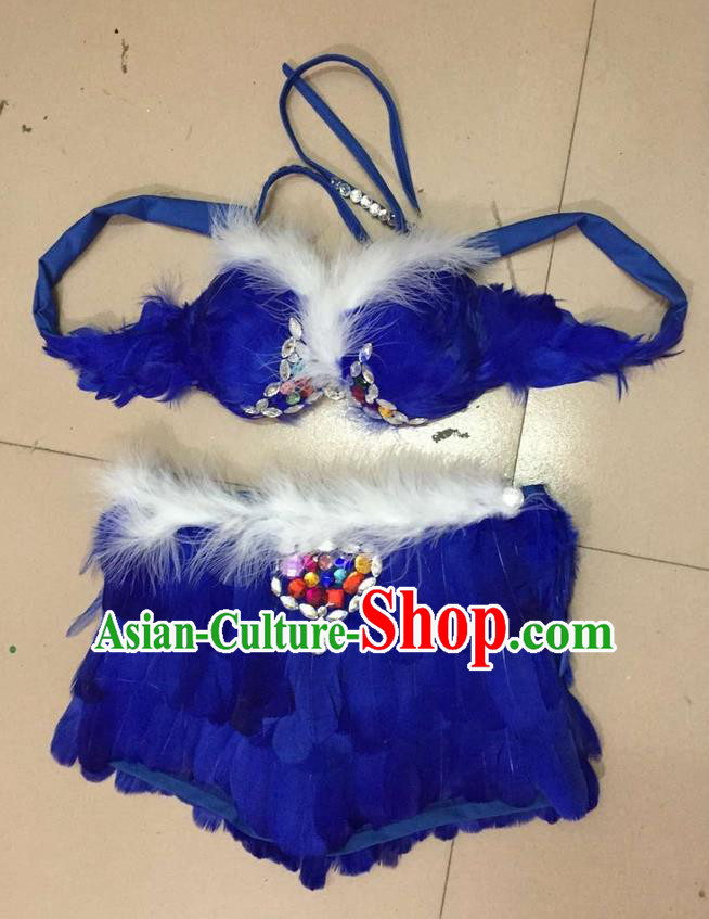 Top Grade Professional Performance Catwalks Costume Royalblue Feather Bikini, Traditional Brazilian Rio Carnival Samba Dance Modern Fancywork Swimsuit for Women