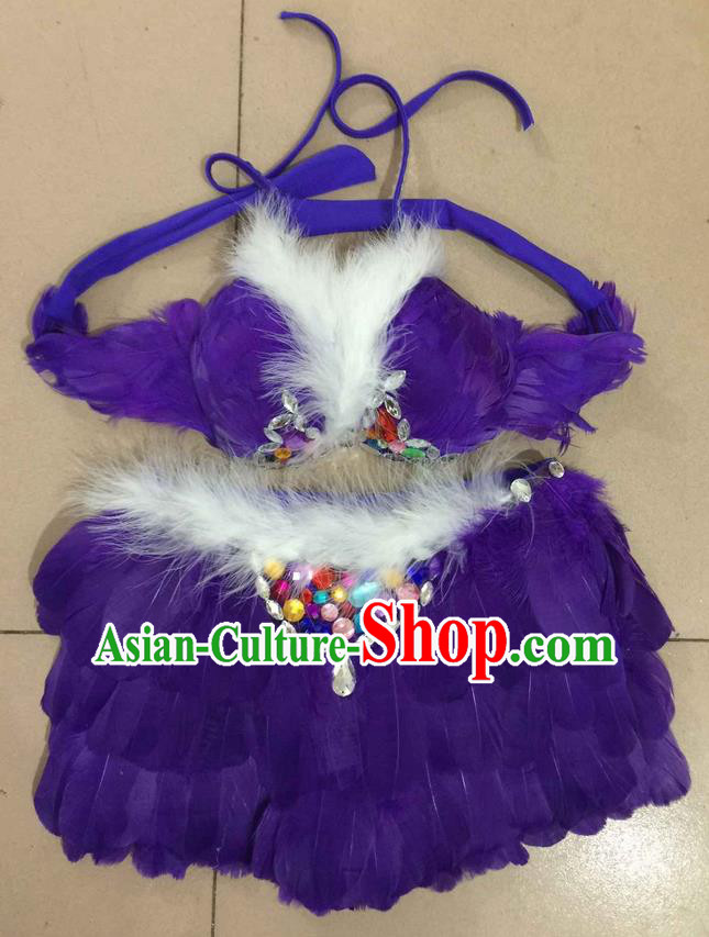 Top Grade Professional Performance Catwalks Costume Purple Feather Bikini, Traditional Brazilian Rio Carnival Samba Dance Modern Fancywork Swimsuit for Women