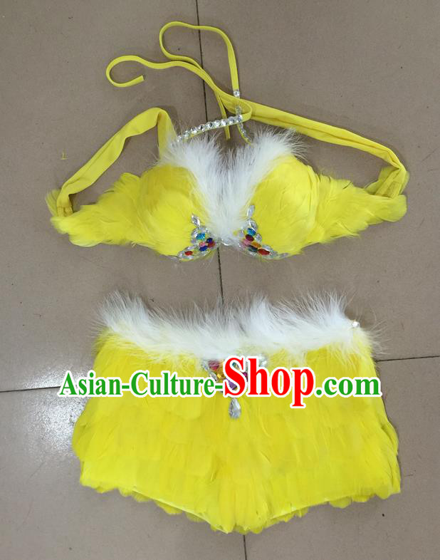 Top Grade Professional Performance Catwalks Costume Yellow Feather Bikini, Traditional Brazilian Rio Carnival Samba Dance Modern Fancywork Swimsuit for Women