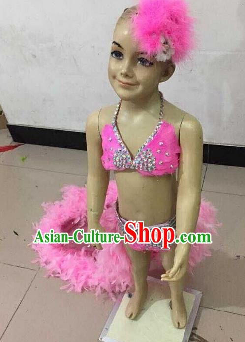 Top Grade Professional Performance Catwalks Costume Pink Feather Bikini, Traditional Brazilian Rio Carnival Samba Dance Clothing and Headwear for Kids