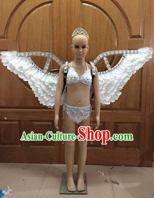 Top Grade Professional Performance Catwalks Costume Bikini with Wings, Traditional Brazilian Rio Carnival Samba Dance Swimsuit Clothing for Kids