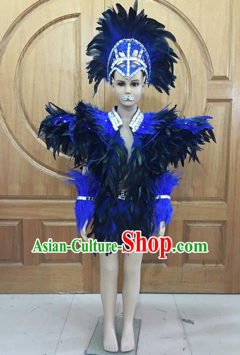 Top Grade Professional Performance Catwalks Costume Blue Feather Swimsuit, Traditional Brazilian Rio Carnival Samba Dance Modern Fancywork Clothing for Boys