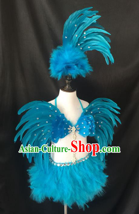 Top Grade Professional Performance Catwalks Blue Feather Swimsuit Costume, Traditional Brazilian Rio Carnival Samba Dance Modern Fancywork Clothing for Girls