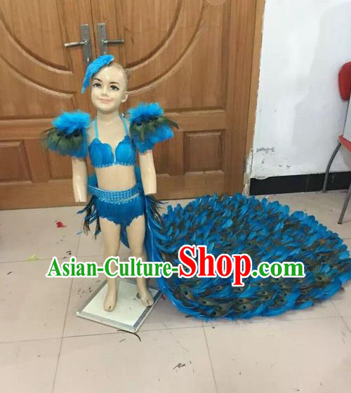 Top Grade Professional Performance Catwalks Swimsuit Costume, Traditional Brazilian Rio Carnival Samba Dance Modern Fancywork Long Streaking Bikini Clothing for Kids