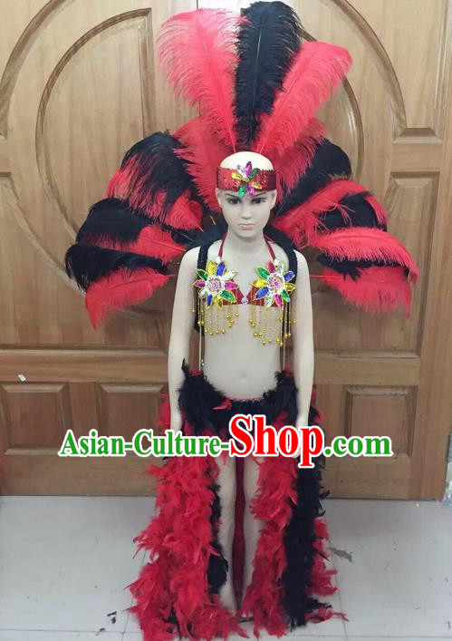 Top Grade Professional Performance Catwalks Swimsuit Feather Costume, Traditional Brazilian Rio Carnival Samba Dance Modern Fancywork Bikini Clothing and Wings for Kids