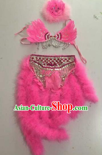 Top Grade Professional Performance Catwalks Swimsuit Pink Feather Costume, Traditional Brazilian Rio Carnival Samba Dance Modern Fancywork Bikini Clothing for Kids