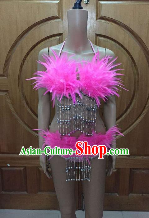 Top Grade Professional Performance Catwalks Tassel Bikini, Traditional Brazilian Rio Carnival Samba Modern Fancywork Belly Dance Pink Swimsuit Clothing for Women