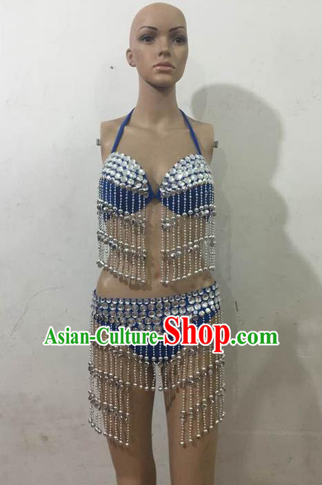 Top Grade Professional Performance Catwalks Tassel Bikini, Traditional Brazilian Rio Carnival Samba Modern Fancywork Belly Dance Blue Swimsuit Clothing for Women