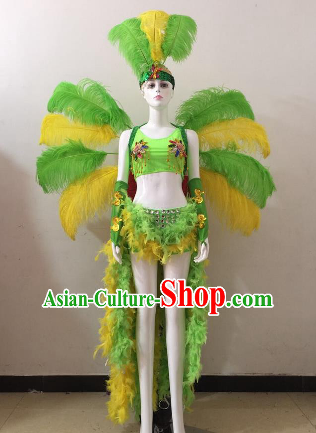 Top Grade Professional Performance Catwalks Green and Yellow Feather Bikini and Headwear Wings, Brazilian Rio Carnival Samba Opening Dance Swimsuit Clothing for Women