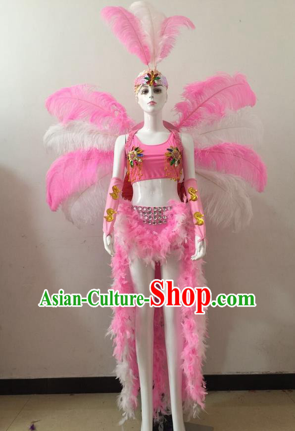 Top Grade Professional Performance Catwalks Pink Feather Bikini and Headwear Wings, Brazilian Rio Carnival Samba Opening Dance Swimsuit Clothing for Women