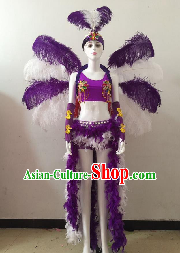 Top Grade Professional Performance Catwalks Purple Feather Bikini and Headwear Wings, Brazilian Rio Carnival Samba Opening Dance Swimsuit Clothing for Women