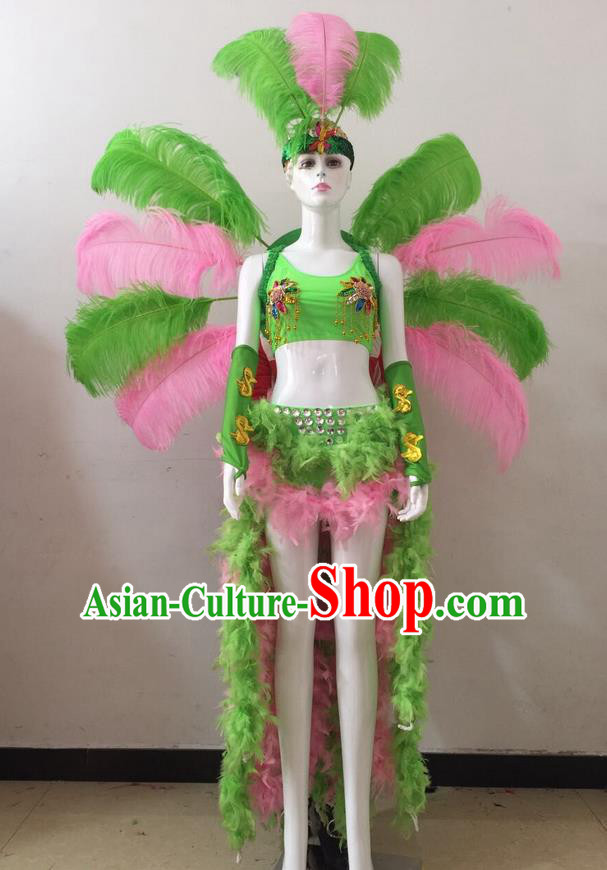Top Grade Professional Performance Catwalks Pink and Green Feather Bikini and Headwear Wings, Brazilian Rio Carnival Samba Opening Dance Swimsuit Clothing for Women