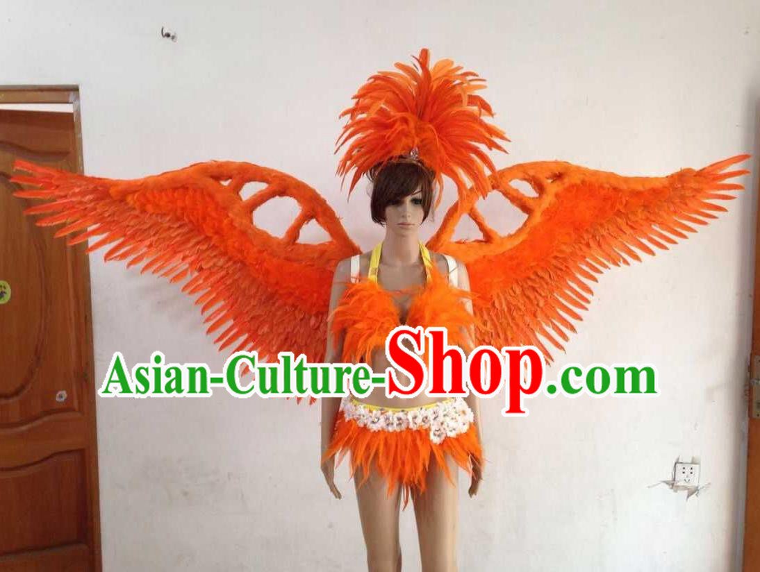 Top Grade Professional Performance Catwalks Orange Swimsuit, Brazilian Rio Carnival Parade Samba Opening Dance Bikini and Feather Wings for Women