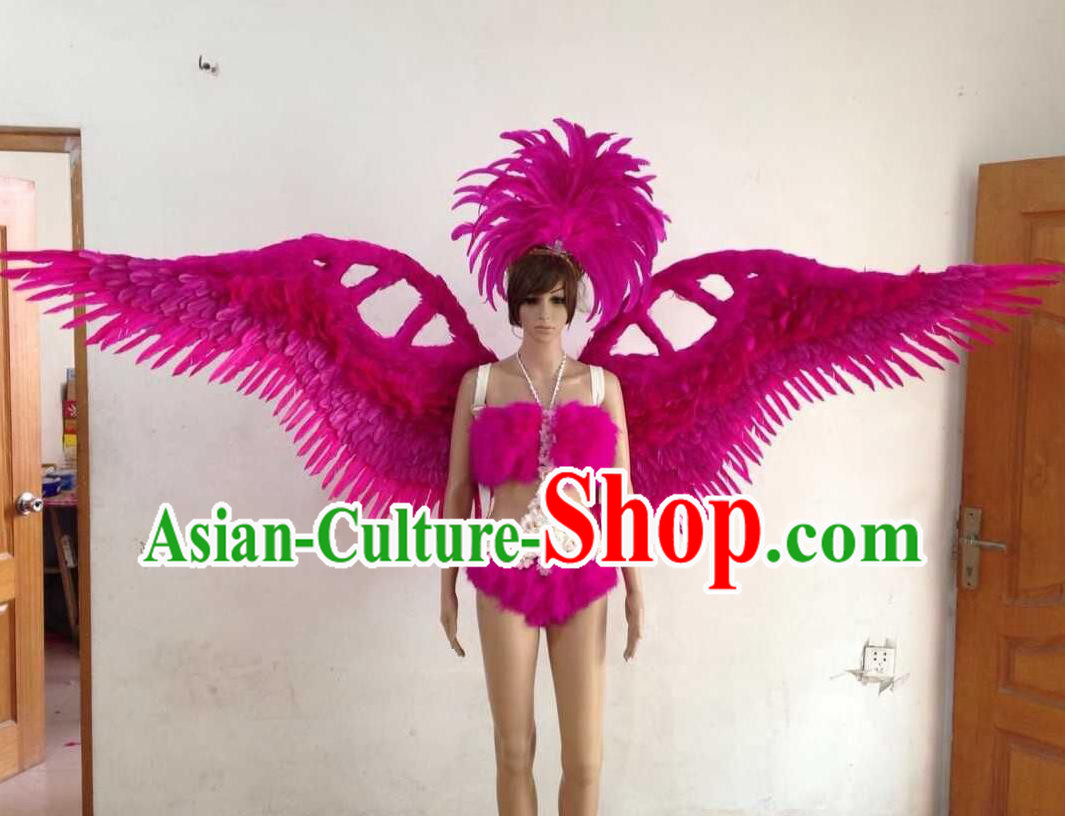 Top Grade Professional Performance Catwalks Rosy Swimsuit, Brazilian Rio Carnival Parade Samba Opening Dance Bikini and Feather Wings for Women