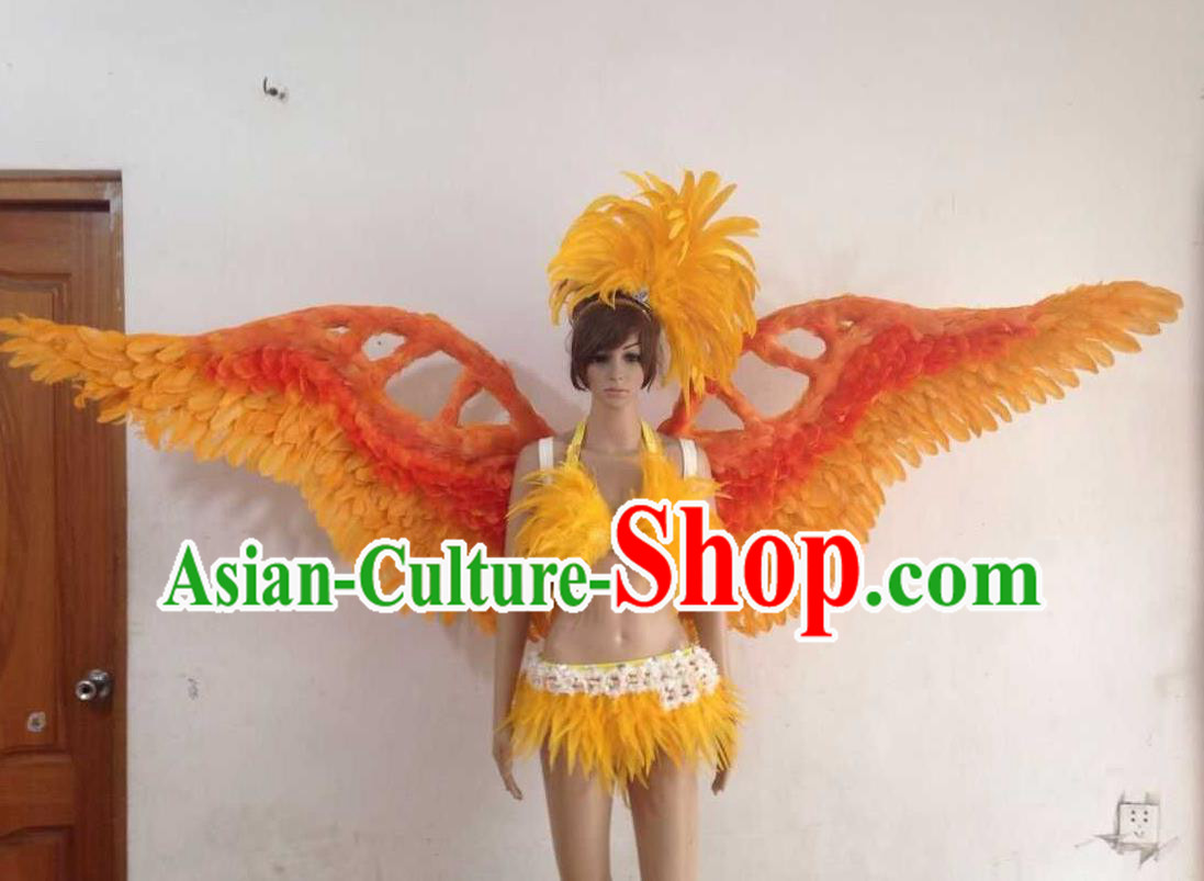 Top Grade Professional Performance Catwalks Golden Swimsuit, Brazilian Rio Carnival Parade Samba Opening Dance Bikini and Feather Wings for Women