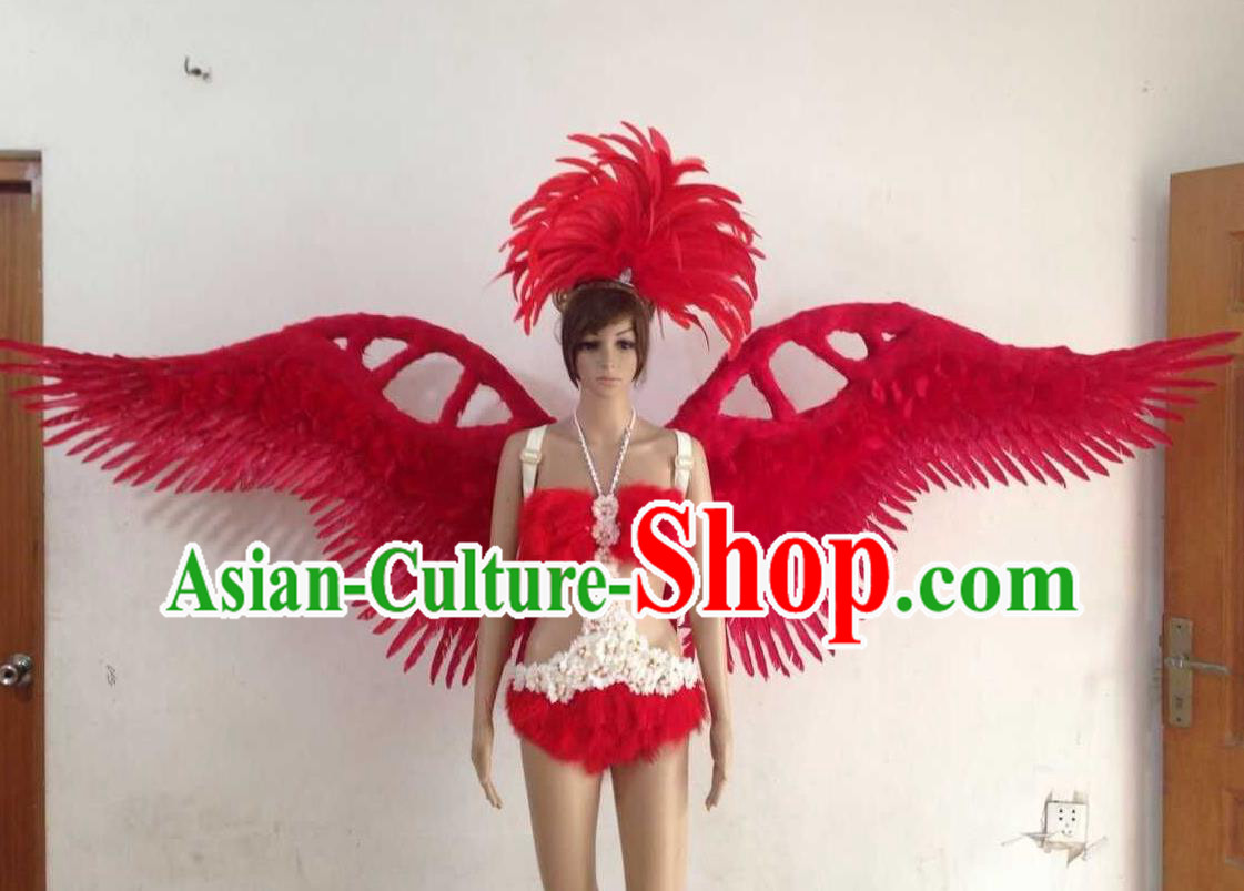 Top Grade Professional Performance Catwalks Red Swimsuit, Brazilian Rio Carnival Parade Samba Opening Dance Bikini and Feather Wings for Women