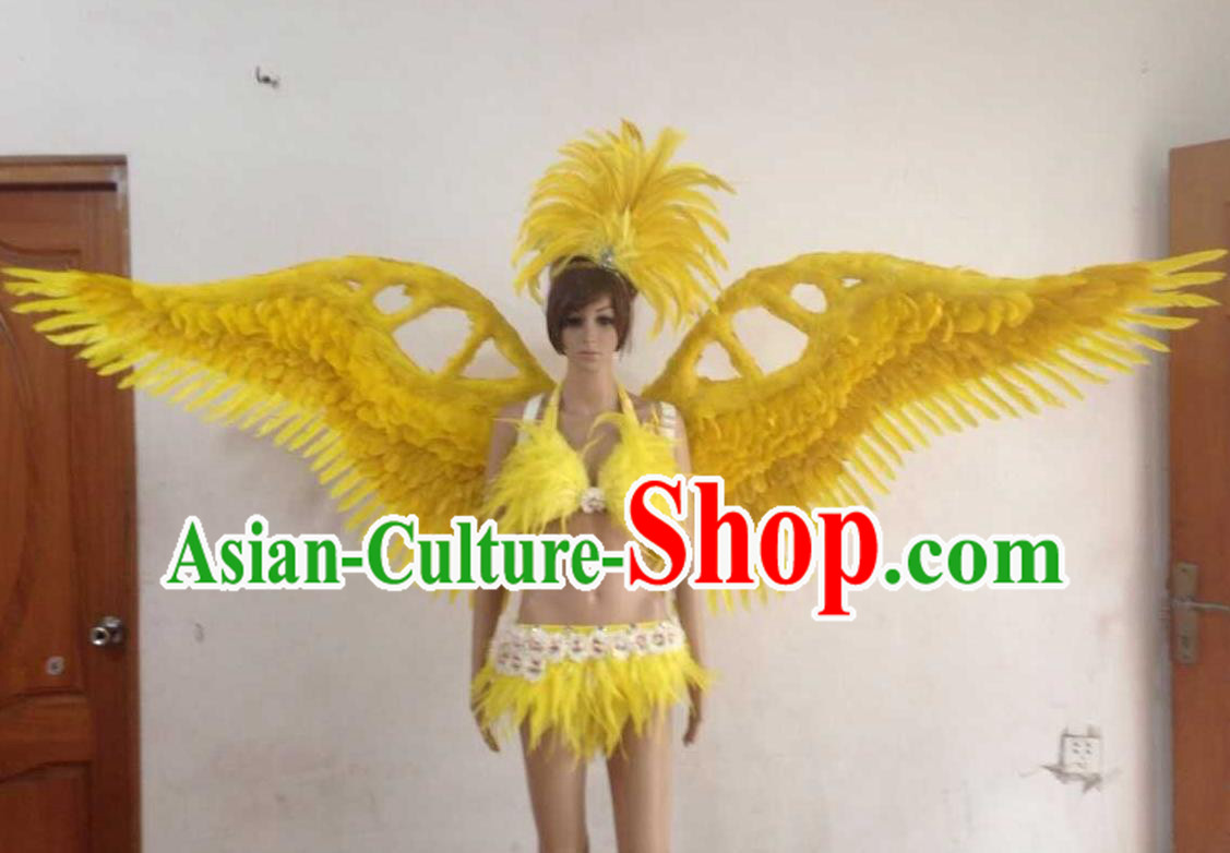 Top Grade Professional Performance Catwalks Yellow Swimsuit, Brazilian Rio Carnival Parade Samba Opening Dance Bikini and Feather Wings for Women