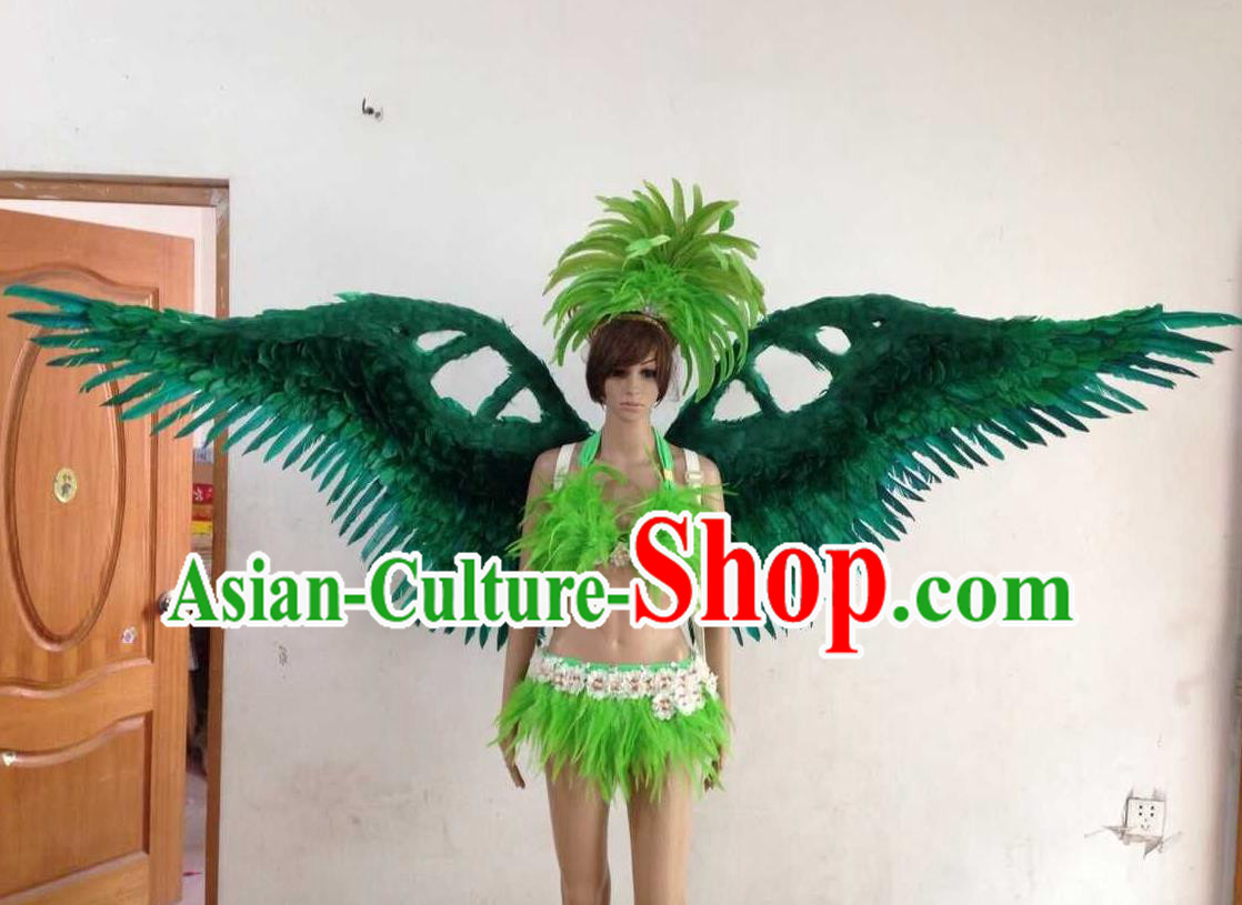 Top Grade Professional Performance Catwalks Green Swimsuit, Brazilian Rio Carnival Parade Samba Opening Dance Bikini and Feather Wings for Women