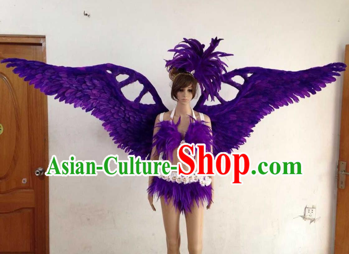 Top Grade Professional Performance Catwalks Purple Swimsuit, Brazilian Rio Carnival Parade Samba Opening Dance Bikini and Feather Wings for Women