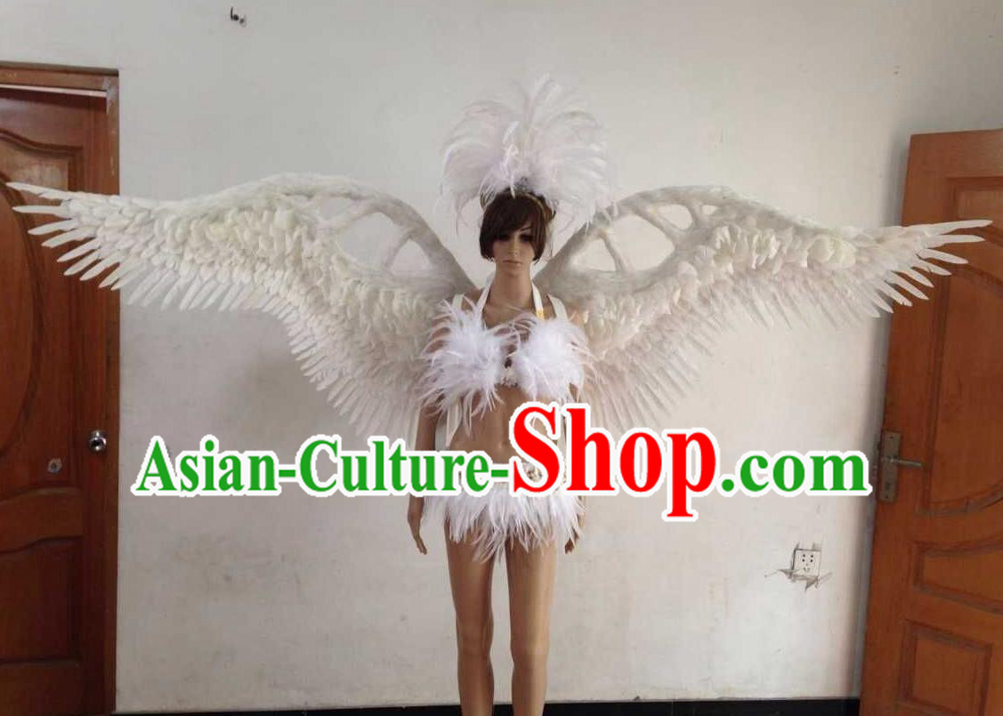 Top Grade Professional Performance Catwalks White Swimsuit, Brazilian Rio Carnival Parade Samba Opening Dance Bikini and Feather Wings for Women