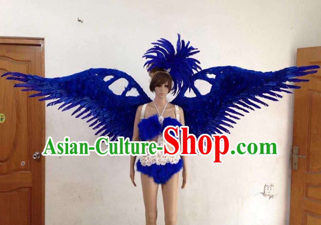 Top Grade Professional Performance Catwalks Royalblue Swimsuit, Brazilian Rio Carnival Parade Samba Opening Dance Bikini and Feather Wings for Women