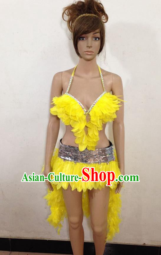 Top Grade Professional Performance Catwalks Yellow Feather Swimsuit, Brazilian Rio Carnival Parade Samba Belly Dance Opening Dance Bikini for Women