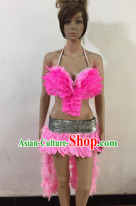 Top Grade Professional Performance Catwalks Pink Feather Swimsuit, Brazilian Rio Carnival Parade Samba Belly Dance Opening Dance Bikini for Women