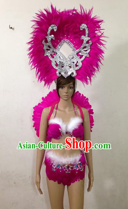 Top Grade Professional Performance Catwalks Rosy Feather Swimsuit and Headwear, Brazilian Rio Carnival Parade Samba Belly Dance Opening Dance Bikini for Women