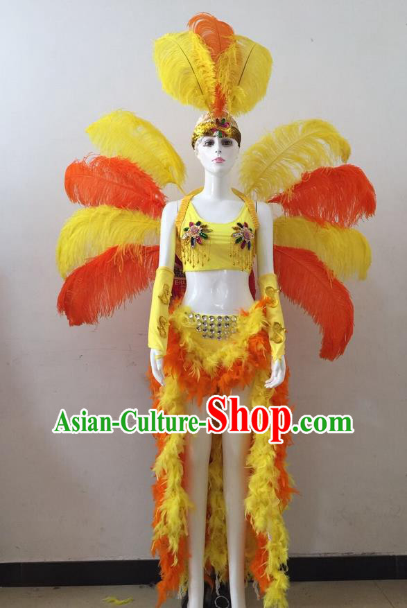 Top Grade Professional Performance Catwalks Yellow and Orange Feather Bikini and Headwear Wings, Brazilian Rio Carnival Samba Opening Dance Swimsuit Clothing for Women