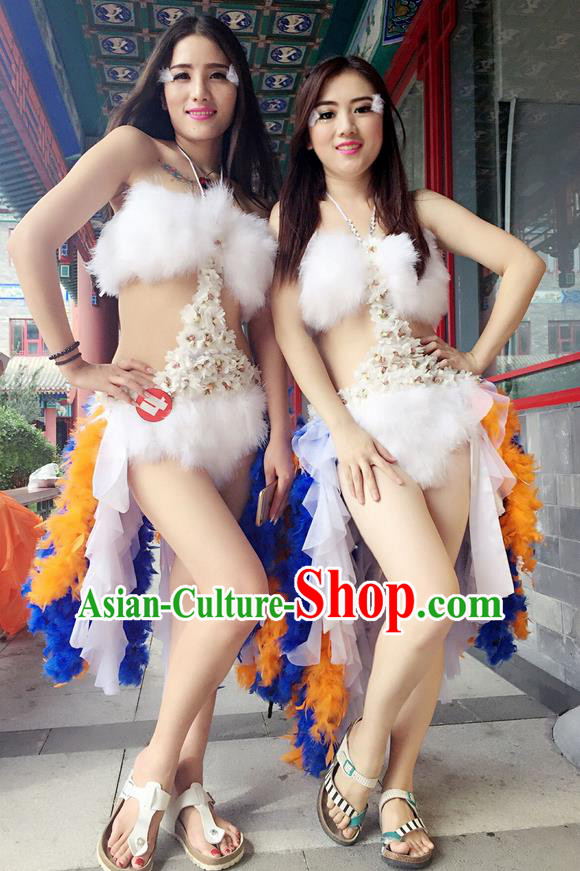 Top Grade Professional Performance Catwalks White Swimsuit, Brazilian Rio Carnival Parade Samba Belly Dance Opening Dance Bikini for Women