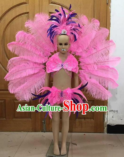 Top Grade Professional Performance Catwalks Bikini and Pink Feathers Wings, Brazilian Rio Carnival Samba Opening Dance Swimsuit Clothing for Girls