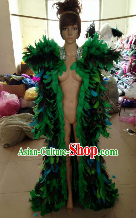 Top Grade Professional Performance Catwalks Feather Cape, Brazilian Rio Carnival Parade Samba Belly Dance Opening Dance Green Feather Cloak for Women