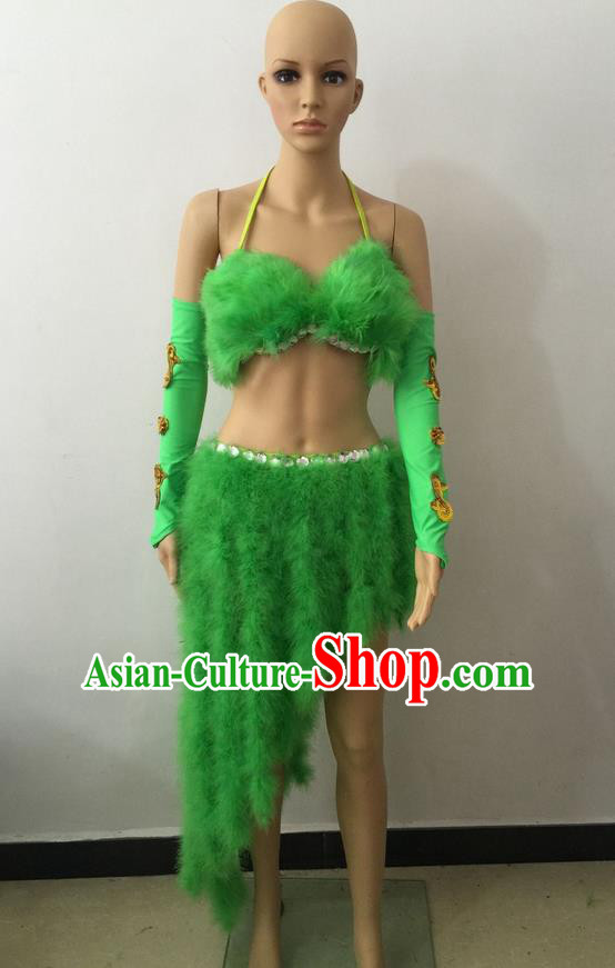 Top Grade Professional Performance Catwalks Costume Green Swimsuit, Brazilian Rio Carnival Parade Samba Belly Dance Opening Dance Bikini for Women