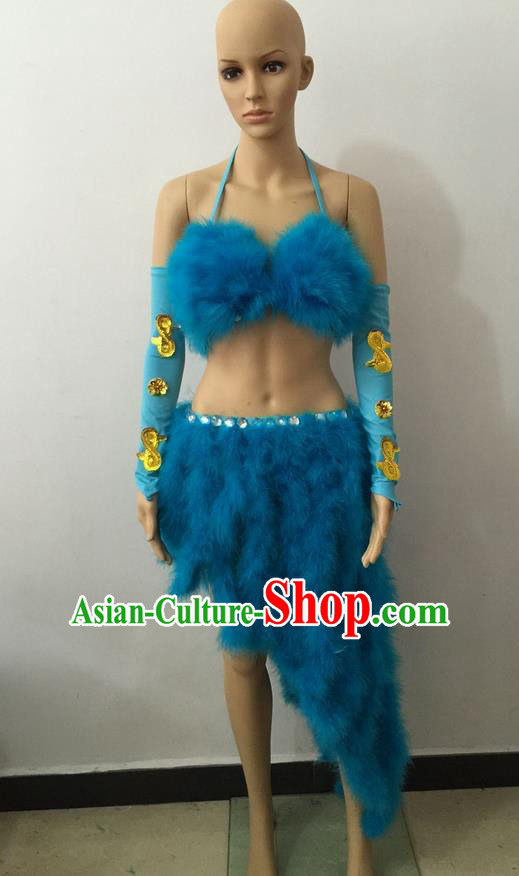 Top Grade Professional Performance Catwalks Costume Blue Swimsuit, Brazilian Rio Carnival Parade Samba Belly Dance Opening Dance Bikini for Women