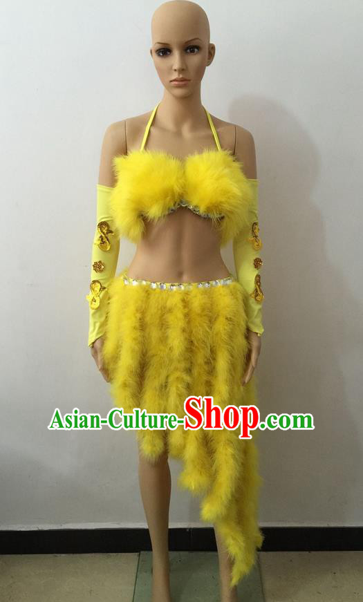 Top Grade Professional Performance Catwalks Costume Yellow Swimsuit, Brazilian Rio Carnival Parade Samba Belly Dance Opening Dance Bikini for Women