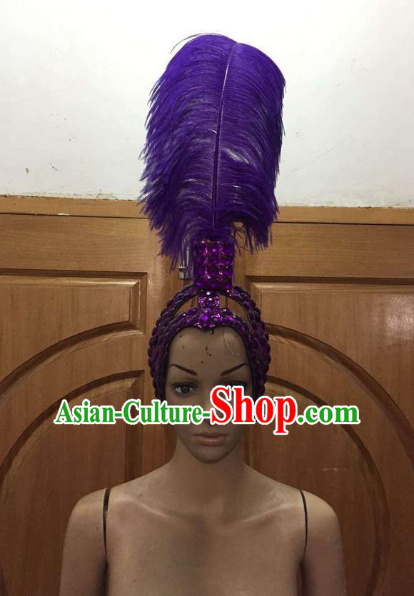 Top Grade Brazilian Rio Carnival Samba Dance Purple Feathers Hair Accessories Headpiece, Halloween Parade Feather Decorations Headwear for Women