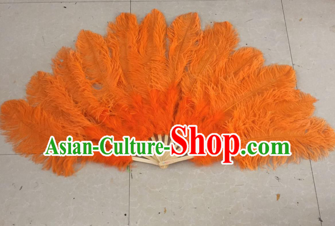 Top Grade Professional Performance Catwalks Orange Feather Big Fans, Brazilian Rio Carnival Parade Samba Dance Folding Fans