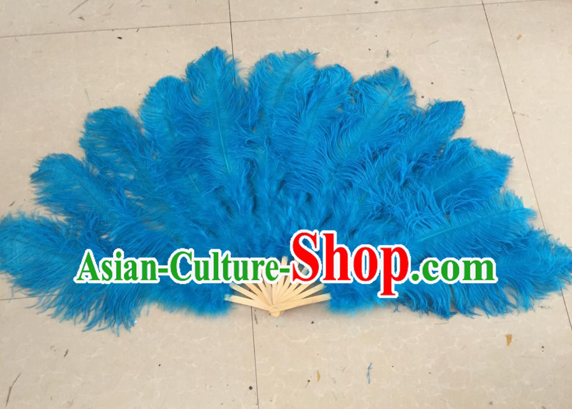 Top Grade Professional Performance Catwalks Blue Feather Big Fans, Brazilian Rio Carnival Parade Samba Dance Folding Fans